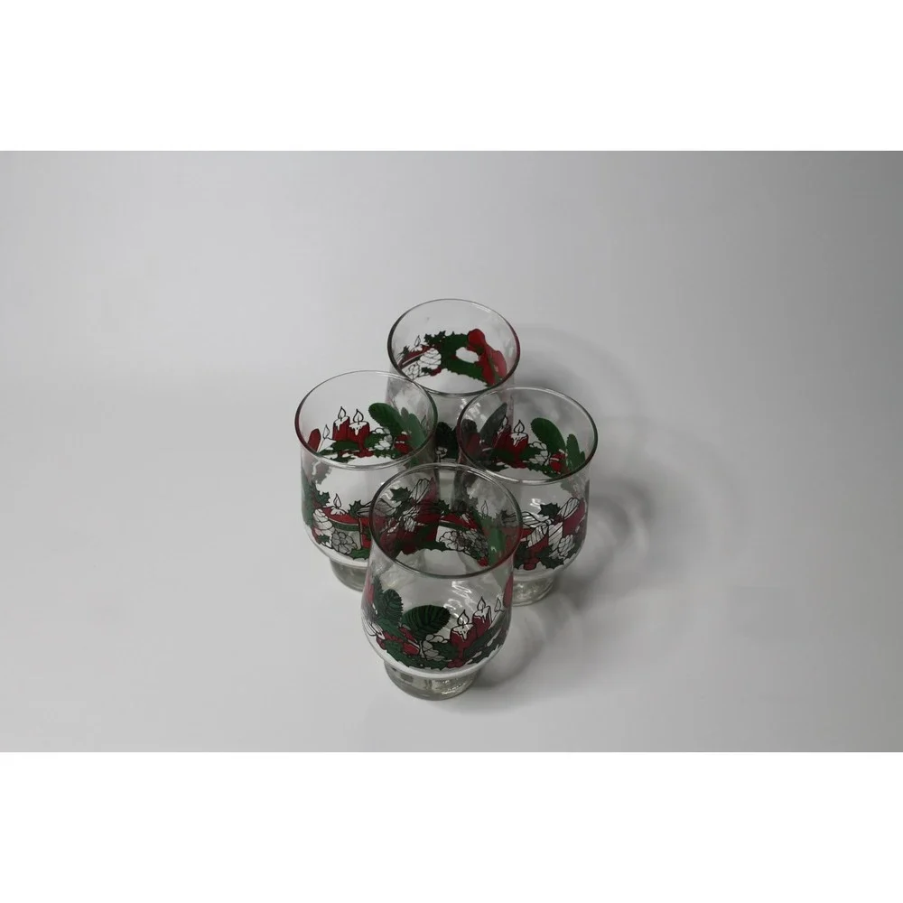 Vintage Libbey Christmas Glasses Heavy Footed Holiday Wreath Candles Set of 4